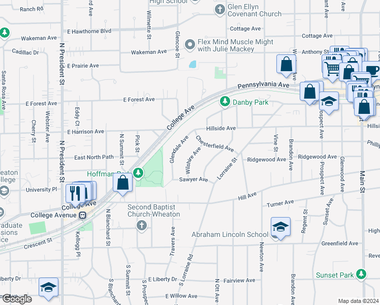 map of restaurants, bars, coffee shops, grocery stores, and more near 570 Wilshire Avenue in Glen Ellyn