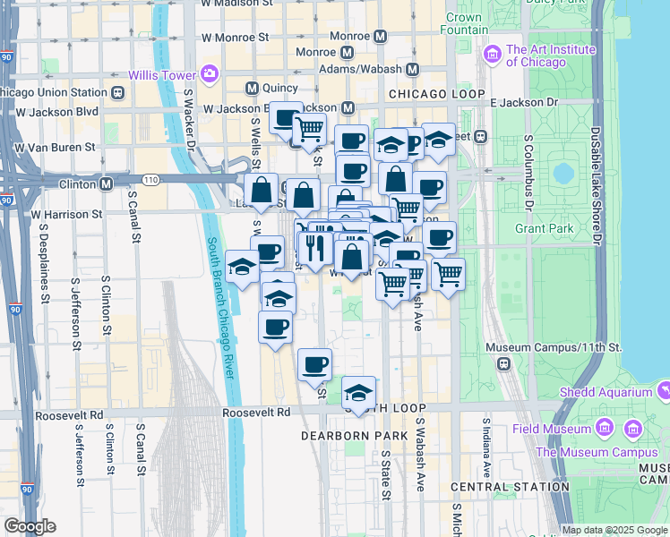 map of restaurants, bars, coffee shops, grocery stores, and more near 746 South Federal Street in Chicago