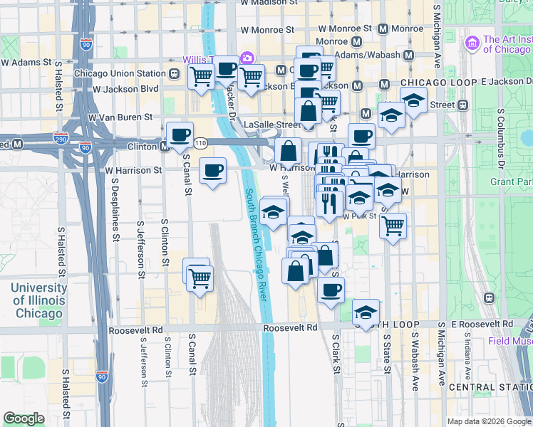 map of restaurants, bars, coffee shops, grocery stores, and more near 234 West Polk Street in Chicago