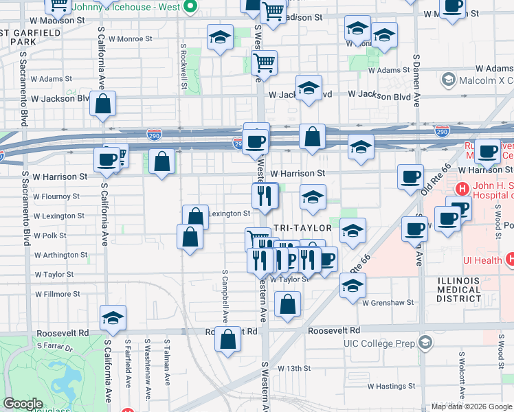 map of restaurants, bars, coffee shops, grocery stores, and more near 712 South Western Avenue in Chicago