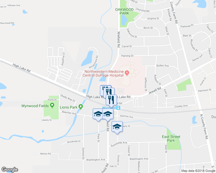 map of restaurants, bars, coffee shops, grocery stores, and more near Winfield Road in DuPage County