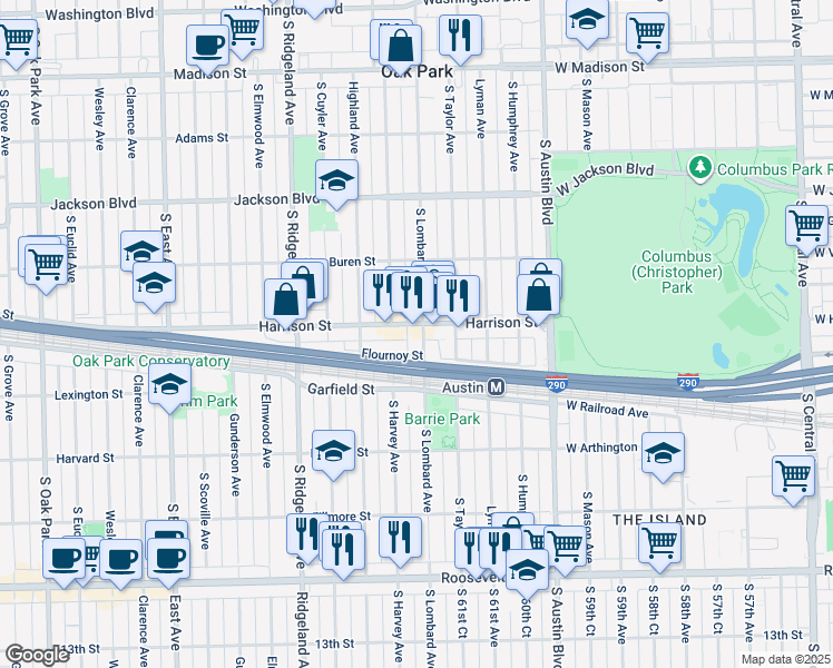 map of restaurants, bars, coffee shops, grocery stores, and more near 215 Harrison Street in Oak Park