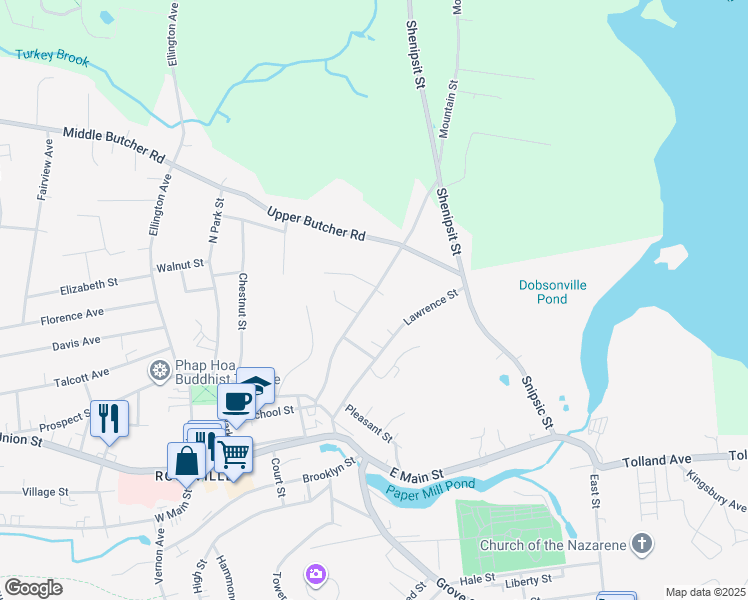 map of restaurants, bars, coffee shops, grocery stores, and more near 43 Mountain Street in Vernon