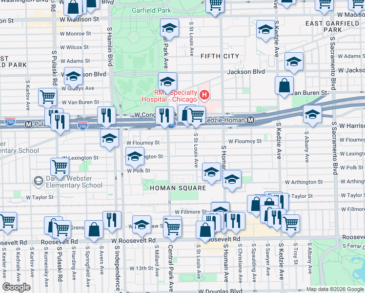 map of restaurants, bars, coffee shops, grocery stores, and more near 3529 West Flournoy Street in Chicago