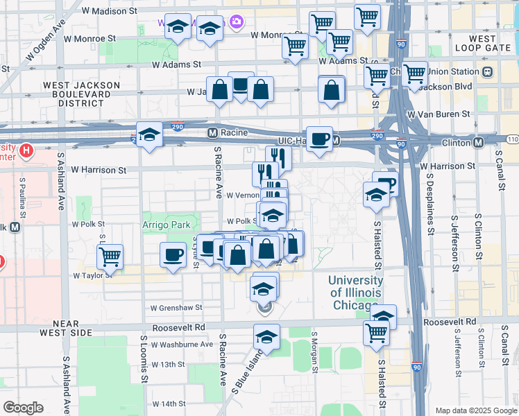 map of restaurants, bars, coffee shops, grocery stores, and more near 718 South Aberdeen Street in Chicago