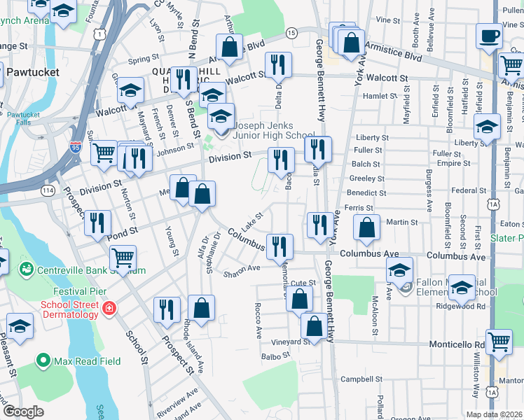 map of restaurants, bars, coffee shops, grocery stores, and more near 62 Lake St in Pawtucket