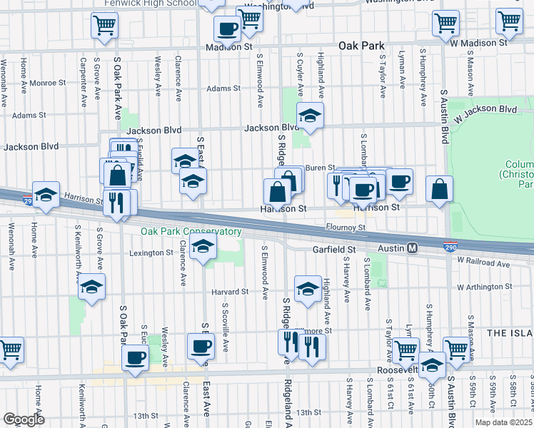 map of restaurants, bars, coffee shops, grocery stores, and more near 401 Harrison Street in Oak Park