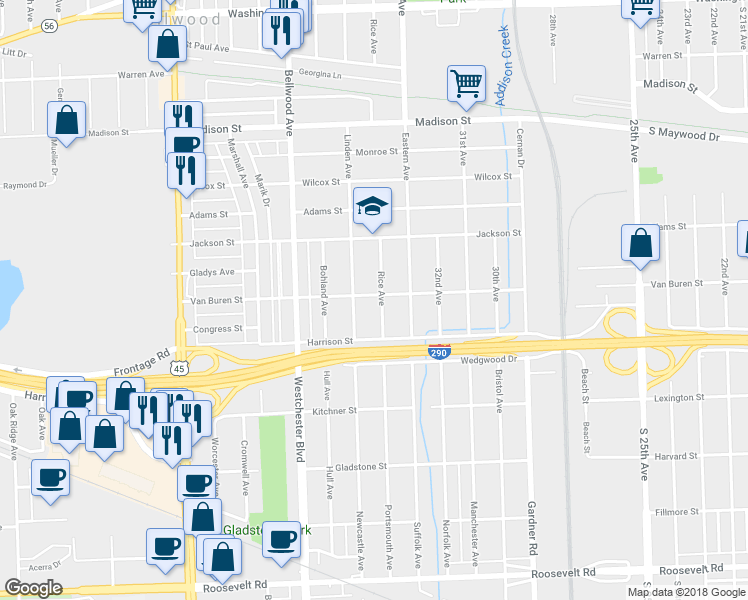 map of restaurants, bars, coffee shops, grocery stores, and more near 1100 Rice Avenue in Bellwood