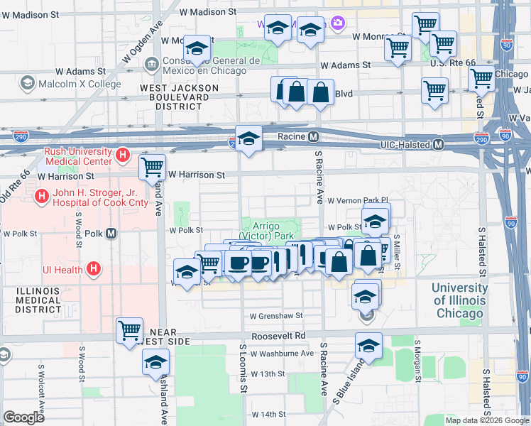 map of restaurants, bars, coffee shops, grocery stores, and more near 1282 West Lexington Street in Chicago