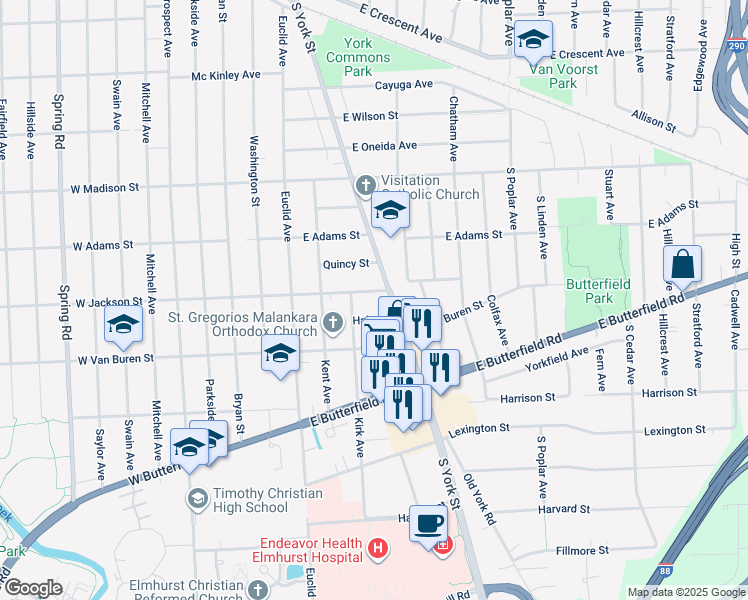 map of restaurants, bars, coffee shops, grocery stores, and more near 174 East Jackson Street in Elmhurst