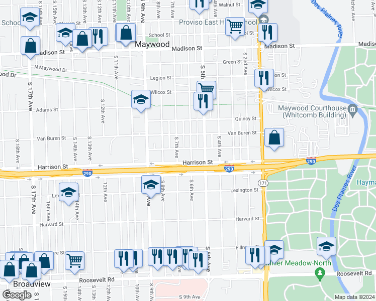 map of restaurants, bars, coffee shops, grocery stores, and more near 1700 South 6th Avenue in Maywood