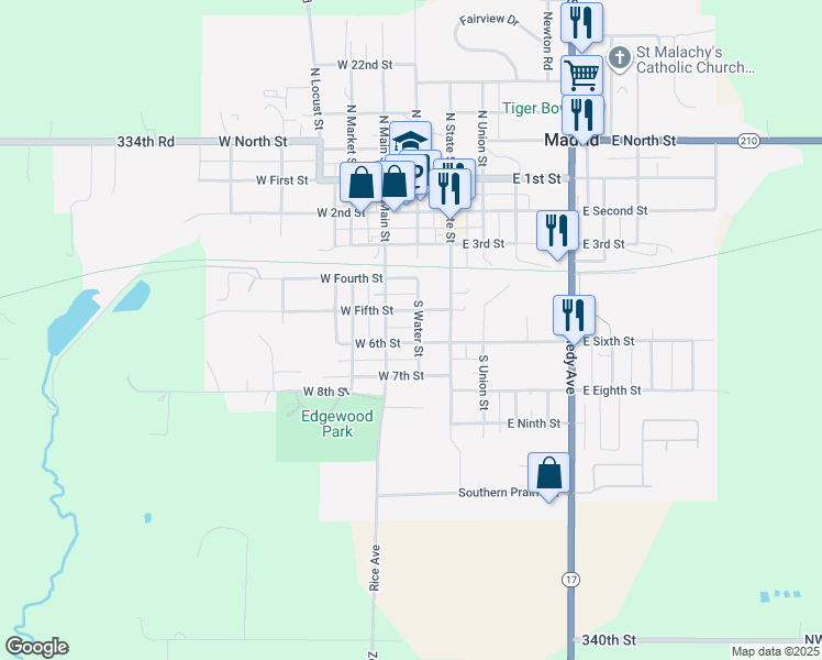 map of restaurants, bars, coffee shops, grocery stores, and more near 510 South Water Street in Madrid