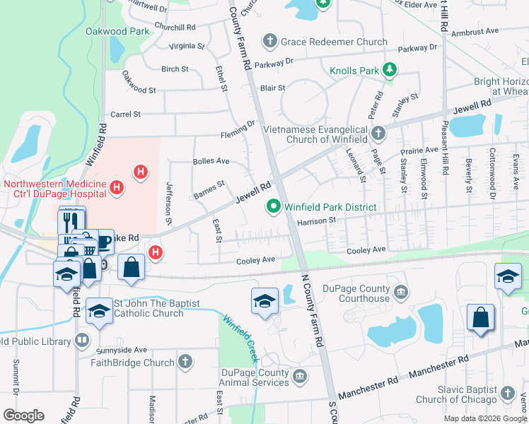 map of restaurants, bars, coffee shops, grocery stores, and more near N20 County Farm Road in Winfield