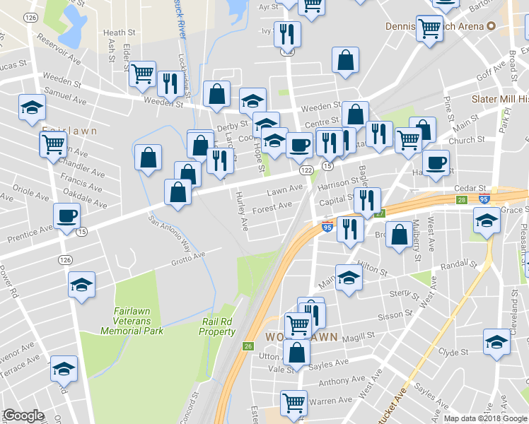 map of restaurants, bars, coffee shops, grocery stores, and more near 54 Forest Avenue in Pawtucket