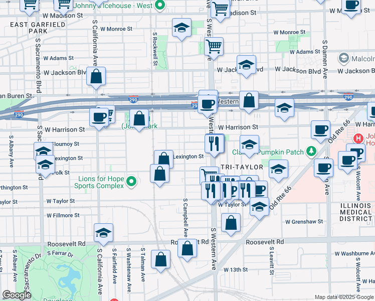 map of restaurants, bars, coffee shops, grocery stores, and more near 717 South Campbell Avenue in Chicago