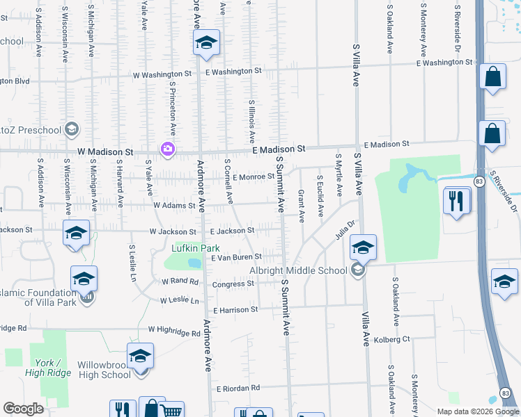 map of restaurants, bars, coffee shops, grocery stores, and more near 125 East Adams Street in Villa Park