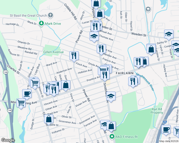 map of restaurants, bars, coffee shops, grocery stores, and more near 78 Hobson Avenue in Pawtucket