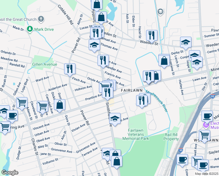 map of restaurants, bars, coffee shops, grocery stores, and more near 30 Columbia Avenue in Pawtucket