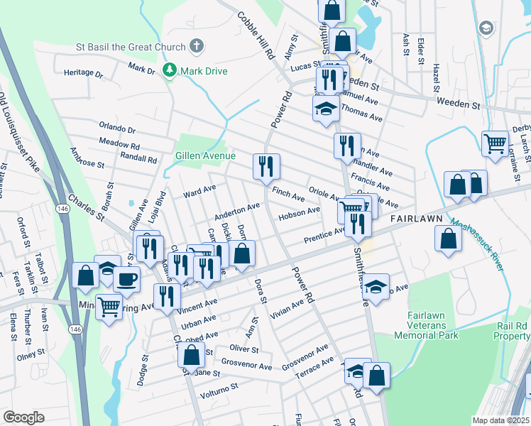 map of restaurants, bars, coffee shops, grocery stores, and more near 400 Power Road in Pawtucket