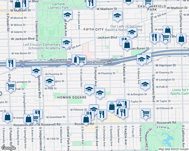 map of restaurants, bars, coffee shops, grocery stores, and more near 3405 West Flournoy Street in Chicago