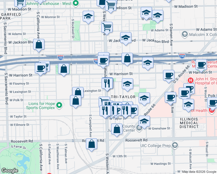 map of restaurants, bars, coffee shops, grocery stores, and more near 719 South Western Avenue in Chicago