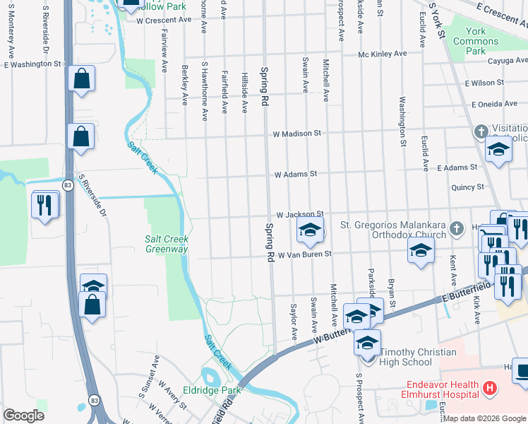 map of restaurants, bars, coffee shops, grocery stores, and more near 872 Spring Road in Elmhurst