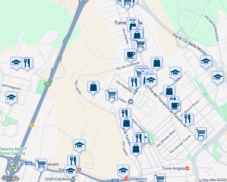 map of restaurants, bars, coffee shops, grocery stores, and more near 12 Via Tersicore in Roma