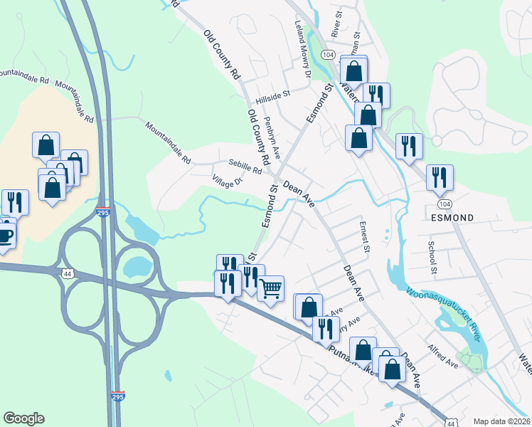 map of restaurants, bars, coffee shops, grocery stores, and more near 93 Esmond Street in Smithfield