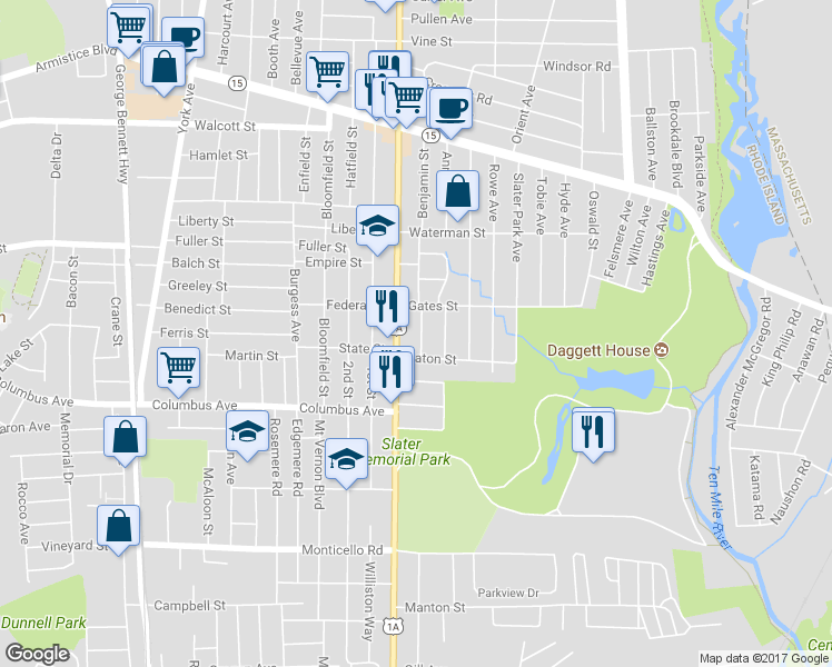 map of restaurants, bars, coffee shops, grocery stores, and more near 219 Benjamin Street in Pawtucket