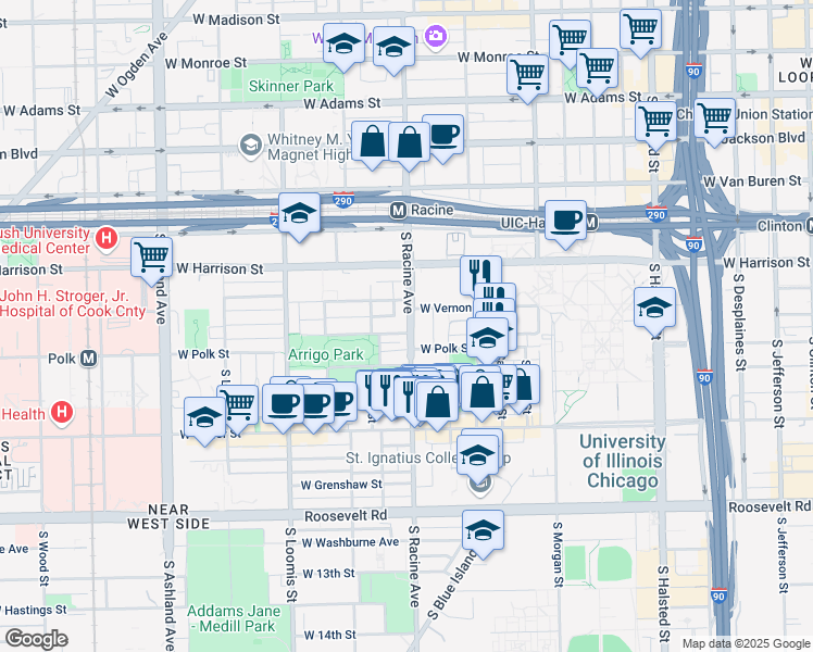 map of restaurants, bars, coffee shops, grocery stores, and more near 722 South Racine Avenue in Chicago