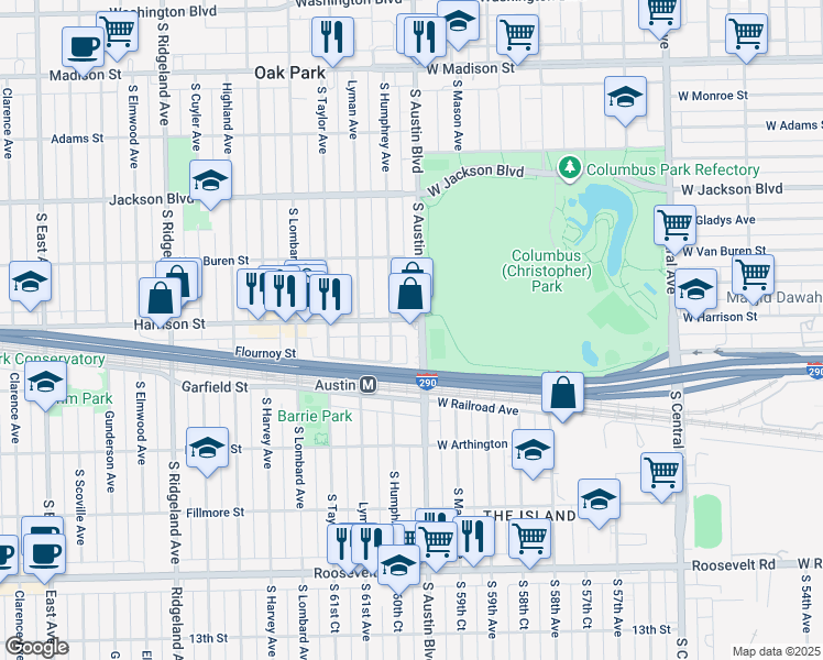 map of restaurants, bars, coffee shops, grocery stores, and more near 1 Harrison Street in Oak Park