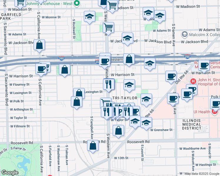 map of restaurants, bars, coffee shops, grocery stores, and more near 719 South Western Avenue in Chicago