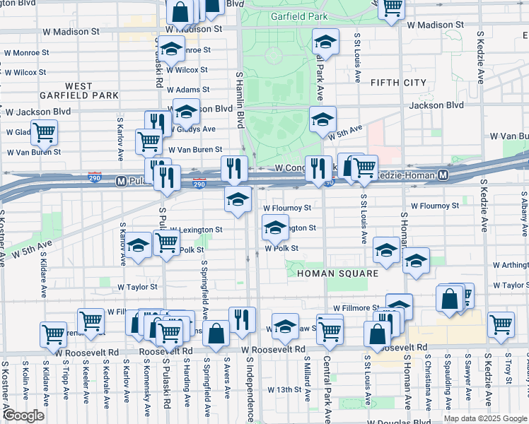 map of restaurants, bars, coffee shops, grocery stores, and more near 3727 West Flournoy Street in Chicago