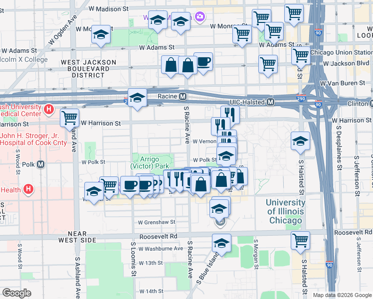 map of restaurants, bars, coffee shops, grocery stores, and more near 722 South Racine Avenue in Chicago