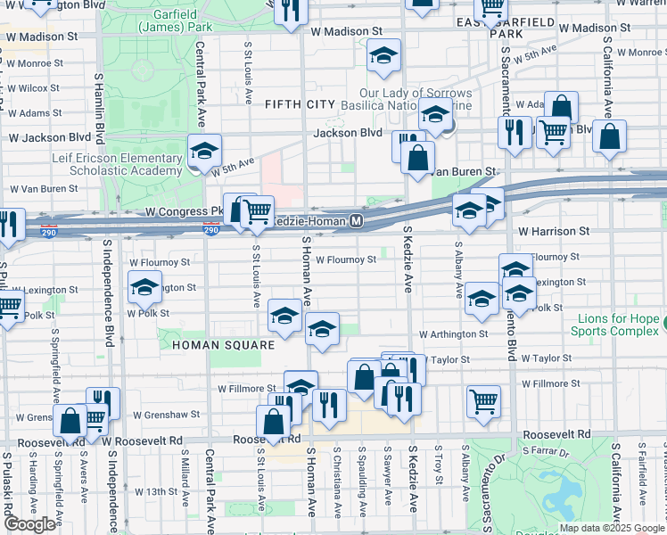 map of restaurants, bars, coffee shops, grocery stores, and more near 3329 West Flournoy Street in Chicago