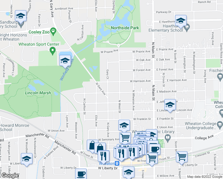 map of restaurants, bars, coffee shops, grocery stores, and more near 425 West Madison Avenue in Wheaton