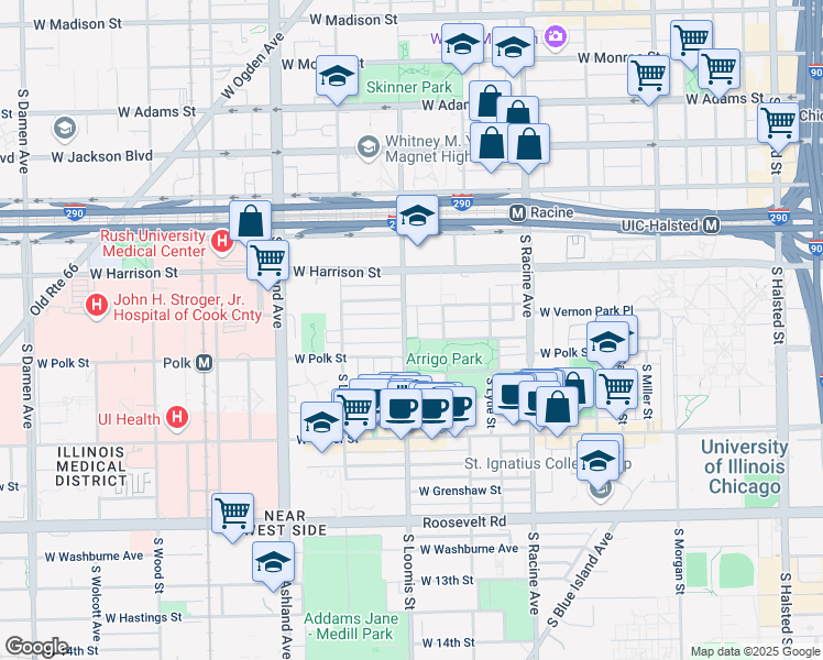 map of restaurants, bars, coffee shops, grocery stores, and more near 729 South Loomis Street in Chicago