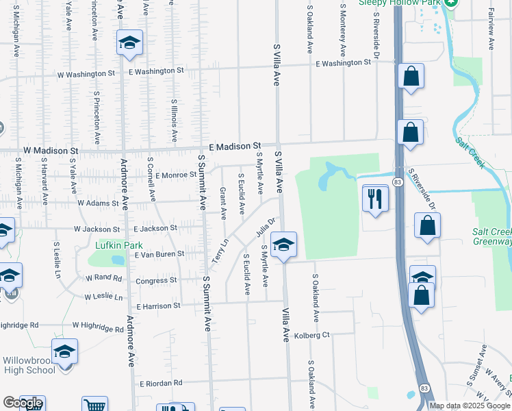 map of restaurants, bars, coffee shops, grocery stores, and more near 286 Terry Lane in Villa Park