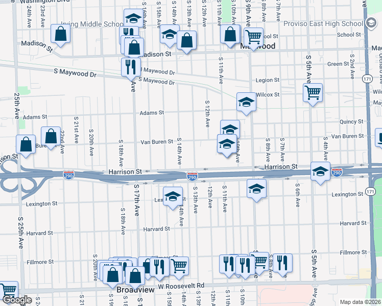 map of restaurants, bars, coffee shops, grocery stores, and more near 1620 South 13th Avenue in Maywood