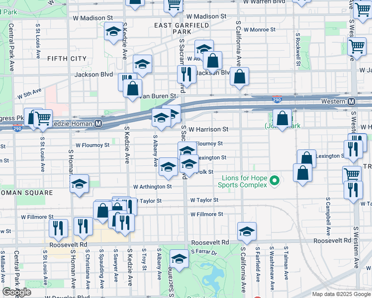 map of restaurants, bars, coffee shops, grocery stores, and more near 709 South Sacramento Boulevard in Chicago