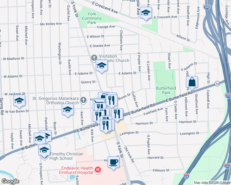 map of restaurants, bars, coffee shops, grocery stores, and more near 875 Cambridge Avenue in Elmhurst