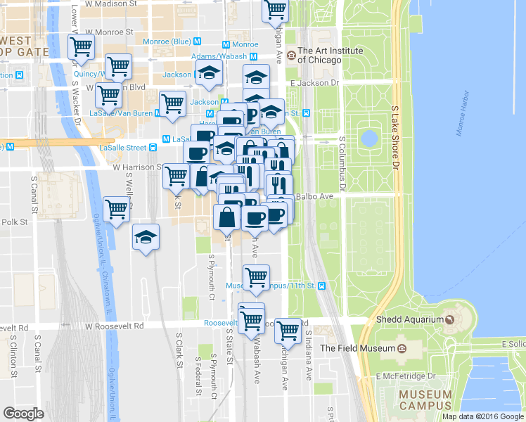 map of restaurants, bars, coffee shops, grocery stores, and more near 723 South Wabash Avenue in Chicago