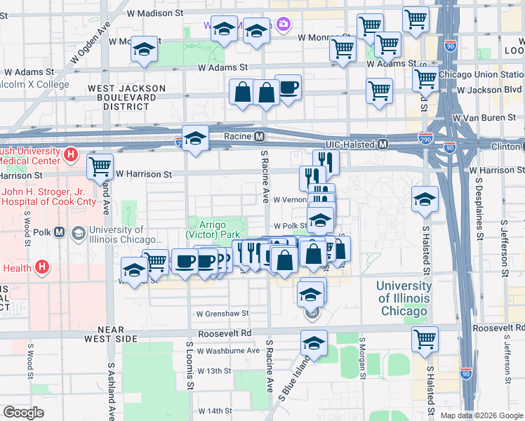 map of restaurants, bars, coffee shops, grocery stores, and more near 1204 West Lexington Street in Chicago