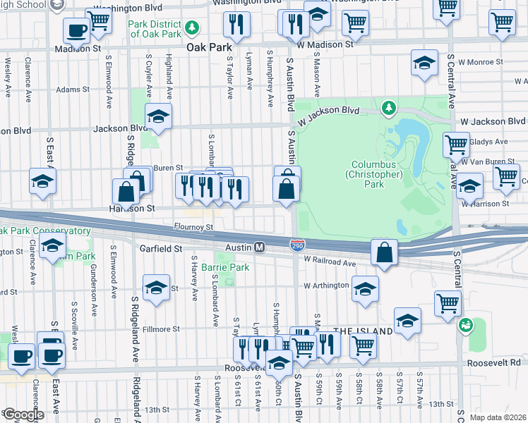 map of restaurants, bars, coffee shops, grocery stores, and more near 908 South Humphrey Avenue in Oak Park