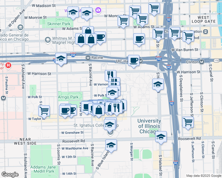 map of restaurants, bars, coffee shops, grocery stores, and more near 717 South Aberdeen Street in Chicago