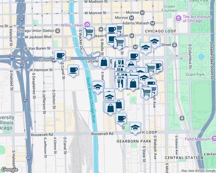 map of restaurants, bars, coffee shops, grocery stores, and more near 732 South Financial Place in Chicago