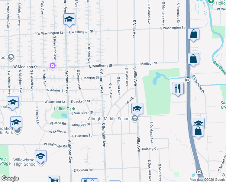 map of restaurants, bars, coffee shops, grocery stores, and more near 921 Grant Avenue in Villa Park