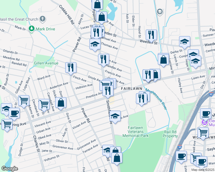 map of restaurants, bars, coffee shops, grocery stores, and more near 30 Columbia Avenue in Pawtucket