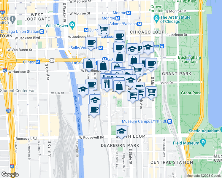 map of restaurants, bars, coffee shops, grocery stores, and more near 746 South Federal Street in Chicago