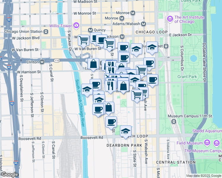 map of restaurants, bars, coffee shops, grocery stores, and more near 124 West Polk Street in Chicago
